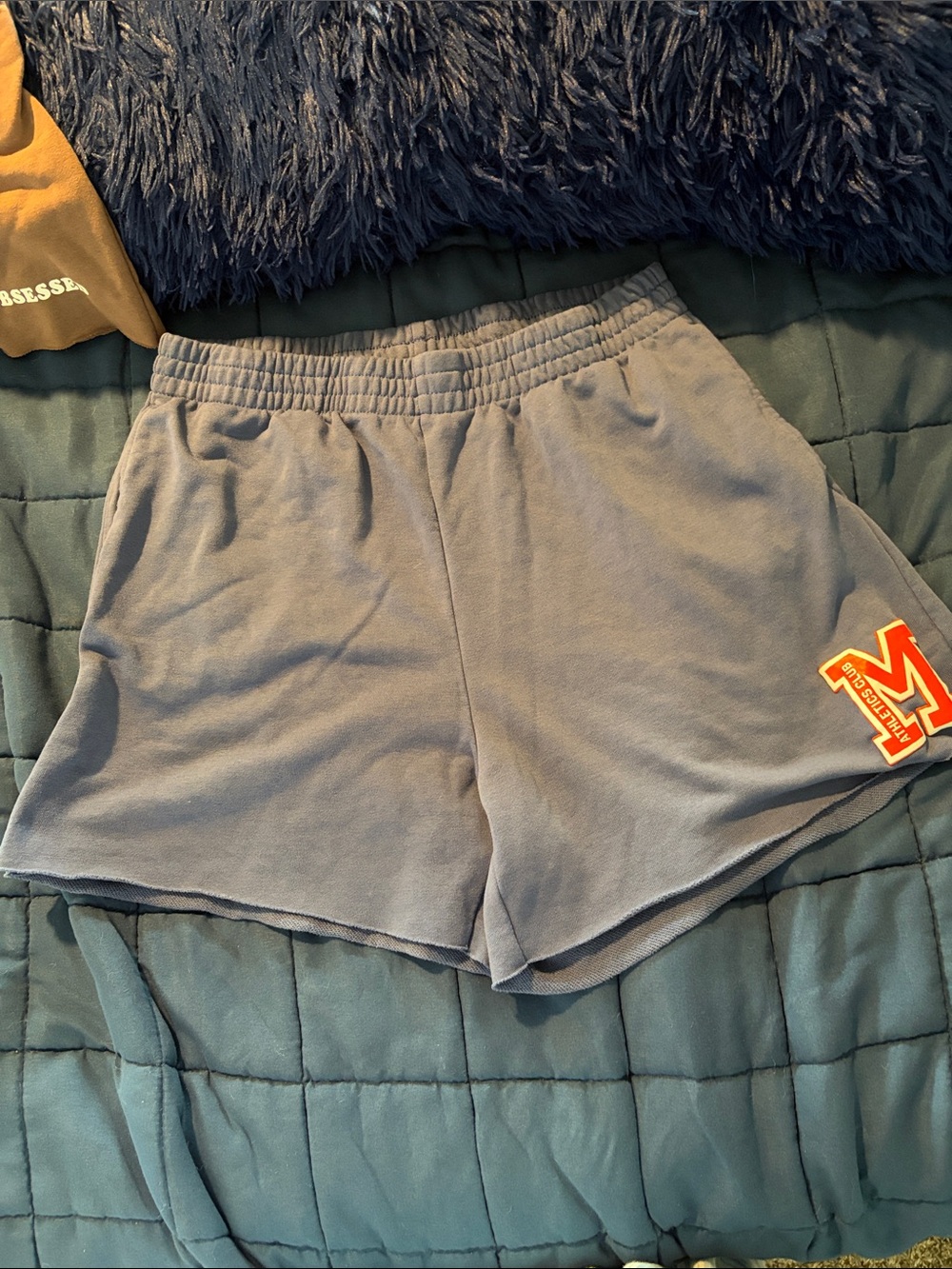 Divided Blue Athletic Shorts with Elastic Waist and Patch Detail